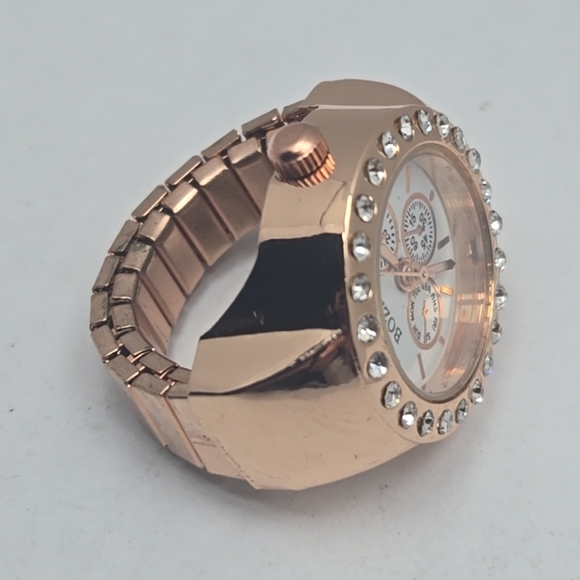 Womens Bozhi Ring Watch Rose Gold Tone Stone Bezel Stretch Band Working - Picture 9 of 14